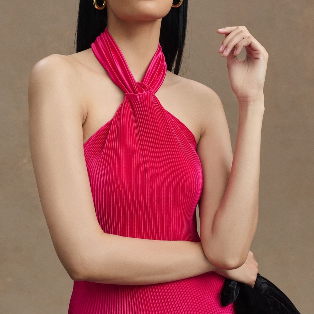 Anthropologie L’IDEÉ Soirée pleaded halter neck side slit dress 👗 - Picture 5 of 9